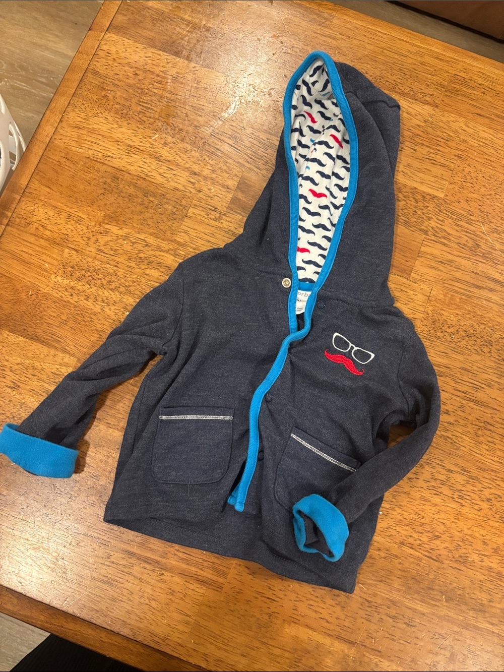 Absorba Navy Hooded Cardigan with Bright Blue Trim and Mustache Patch size 12 M